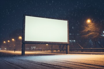 blank billboard stands as a silent sentinel amidst a gently falling snow - obrazy, fototapety, plakaty