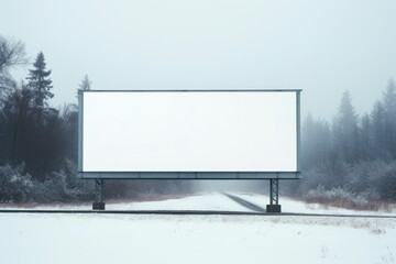 Obraz premium blank billboard stands on the roadside as a stark white canvas against a backdrop of snow covered trees.