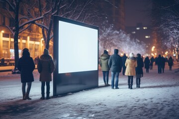 Onlookers passing around a brightly lit billboard on a snowy urban sidewalk, their attention drawn to the blank screen against the evening winter