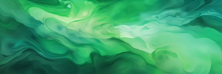Abstract green background banner. Wet gouache technique. Wet paint