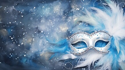 blue masquerade mask with fluffy white feathers and silver glitter - obrazy, fototapety, plakaty