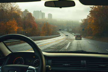 driver's view encapsulates a journey through an autumn highway. Leaves in shades of gold and auburn paint a vivid picture of seasonal change - obrazy, fototapety, plakaty