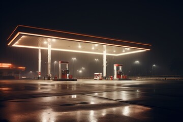In the quiet of the night, a gas station casts a luminous glow on the slick, rain soaked pavement - obrazy, fototapety, plakaty