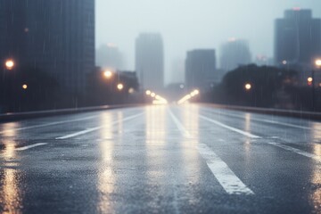 urban road glistens under the soft glow of streetlights, with raindrops creating a delicate shimmer across the asphalt