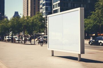 blank billboard situated on a lively city sidewalk, an ideal canvas for advertisers, against a backdrop of greenery and urban life in motion - obrazy, fototapety, plakaty