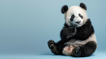 A funny panda sits on a blue background with space for your text