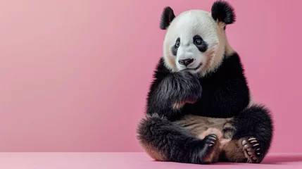 Poster Im Rahmen Funny panda on a pink background with space for your text © Alina Zavhorodnii
