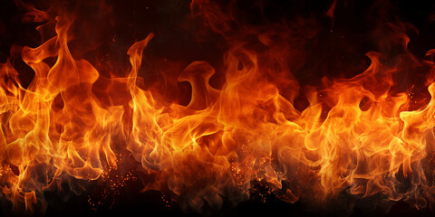 Fire on black background, Fire Flame Isolate On Black Background. Burn Flames, Abstract Texture, Hot Fire blaze burning glow flames dark background, generative AI

