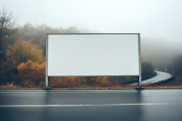 Obraz premium empty billboard stands before a backdrop of autumn colored trees on a hazy day