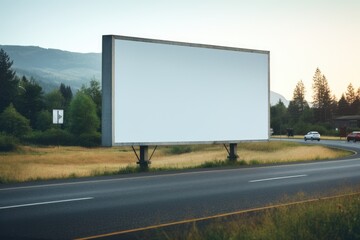 blank billboard beside a road surrounded by greenery and hills in the background