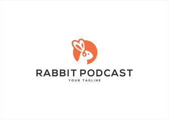 rabbit circle round negative space with podcast media logo design vector