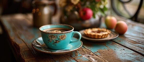 Fototapeta premium Turquoise cup with swan art holds hot coffee and tea, served with apple pecan pie and onion rings at a vintage cafe.