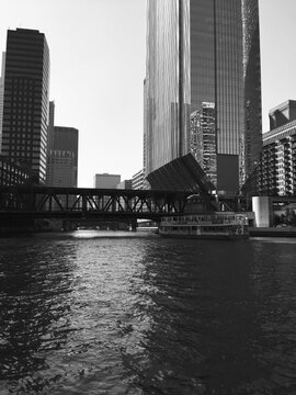 Chicago River View - Black and White Landscape Photo of Urban Architecture and Bridge
