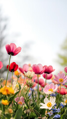 Naklejka premium Vertical background of beautiful flowers in a grass field with space for copy. Spring and summer concept, 9:16
