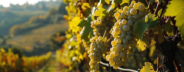 Autumn harvest of white wine grapes in Tuscany vineyards near an Italian winery, web banner format