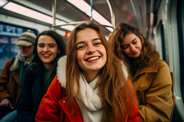 Fototapeta premium Young smiling college student woman in subway