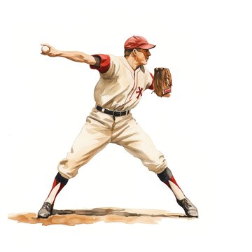 Vintage watercolor painting of a baseball pitcher throwing a baseball