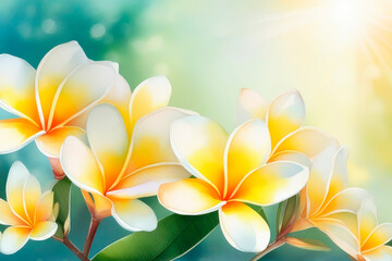 Closeup of blooming frangipani flowers in the summer sun rays in spring.