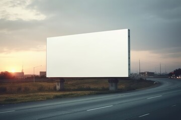 large blank billboard alongside a highway at dusk. It stands tall, offering a space for advertising, with a subtly lit sky and roadside greenery background
