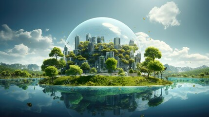 Environment health Glass dome with a city inside and green trees and plants renewable energy with a green landscape and a city in the background.  - Powered by Adobe