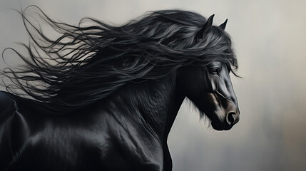 Obraz na płótnie Canvas Ethereal Wind-Tossed Mane: Generative AI Black Horse Artistry