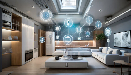 An image of a smart home, featuring various connected devices and appliances AI - obrazy, fototapety, plakaty