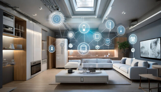 An image of a smart home, featuring various connected devices and appliances AI