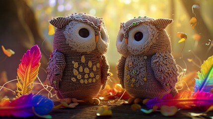 two owls on a branch, Get lost in the endearing world of Chibi knit night owls, standing in unity, with yarn feathers that mimic the colors of the rainbow. The stunning 8k resolution and perfect light