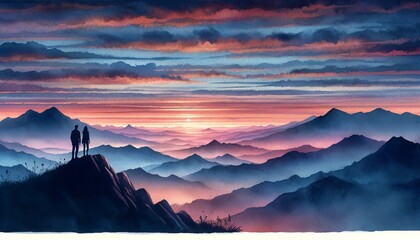 The image illustrates a couple standing on a mountain peak at sunset, overlooking a range of mountains. - obrazy, fototapety, plakaty