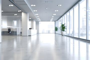 Fototapeta premium Blurred background of empty open space of white office room with furniture and tiled floor with high windows inside