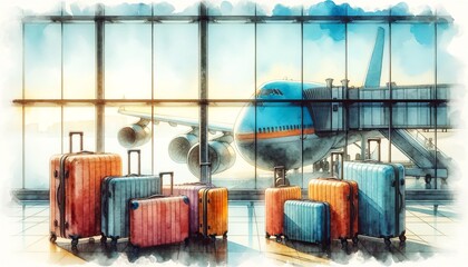 The image is a watercolor of suitcases at an airport with a plane boarding in the background. - obrazy, fototapety, plakaty