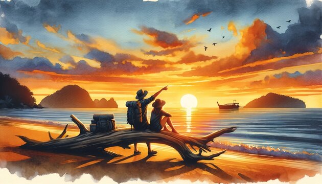 The image is a watercolor painting of a couple watching a sunset on a beach.