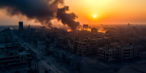 Dense smoke rises after airstrikes of city at sunset, aerial view. Military conflict concept.