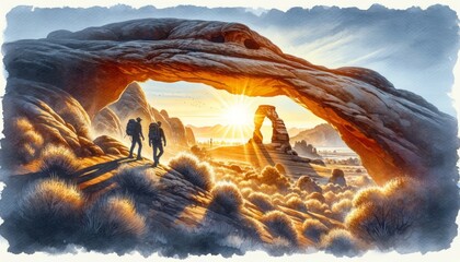 The image is a watercolor painting depicting two hikers witnessing a sunrise through a natural arch. - obrazy, fototapety, plakaty