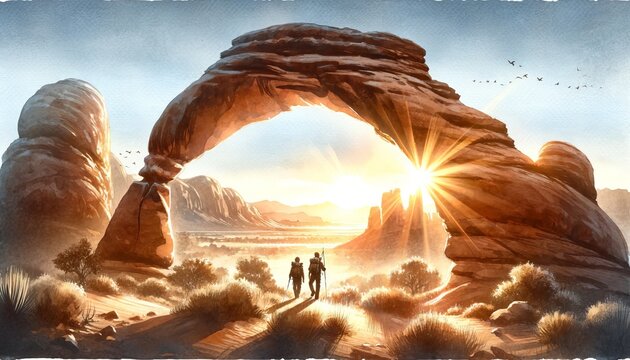 The image is a watercolor painting depicting two hikers witnessing a sunrise through a natural arch.
