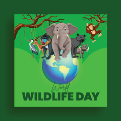 World animal day square flyer or poster with globe flat animal forest vector illustration background