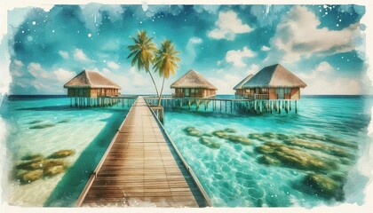 The image shows an idyllic watercolor of overwater bungalows and a wooden pier.