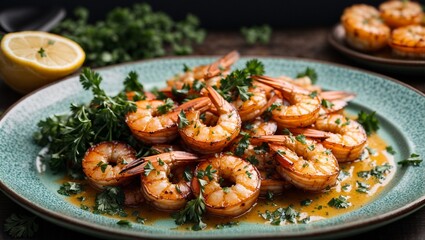 Delectable Grilled Shrimp Infused with Garlic and Parsley, Presented on an Elegant Ceramic Plate - Perfect for Culinary Creations.