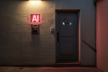 An AI-controlled electrical panel in the hallway of a house. Glowing text AI.