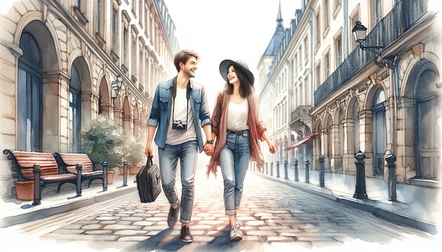 The image is a romantic watercolor of a couple walking hand in hand in a city.