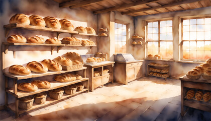 Fototapeta na wymiar Watercolor painting of a bakery shop with a ton of bread