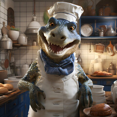 3D rendering of a crocodile as a chef in a kitchen, Ai Generated