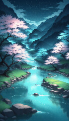 Fototapeta na wymiar Oil painting of CherryBlossom over the beautiful winding river