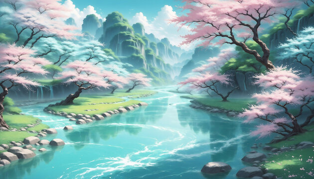 Oil painting of CherryBlossom over the beautiful winding river