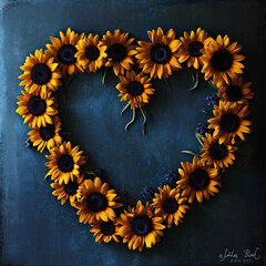 A Symbol of heart formed by Blue yellow Ukrainian sunflowers