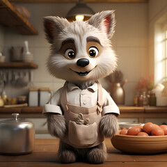 3d rendering of a cute Wolf standing in the kitchen at home, Ai Generated