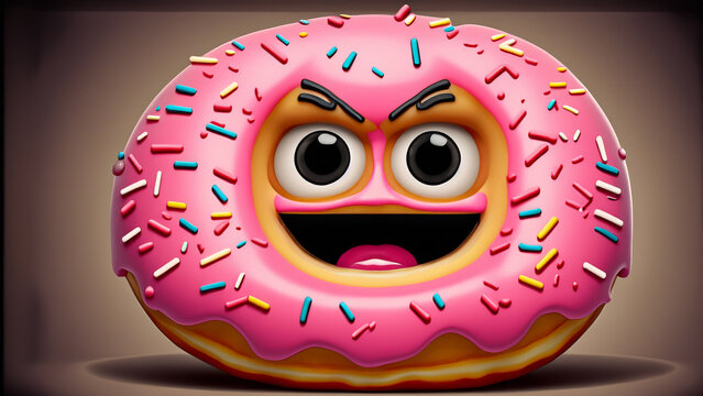 Cinematic, vintage, still film, emotionally expressive pink donut, very big eyes, surreal, attractive,Portrait of adorable pink donut face. A delicate, sweet face.