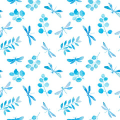 watercolor elegant drawing of dragonflies and branches with leaves on a white background, abstract seamless pattern in soft blue color, for the design of wallpaper, wrapping paper, greeting cards.