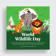 Flat vector animal forest cartoon silhouette illustration background print template for World wildlife, world environment and animal day square flyer, poster or social media banner