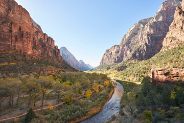 It is autumn, and the virgin river flows through the valley, located in zion national park